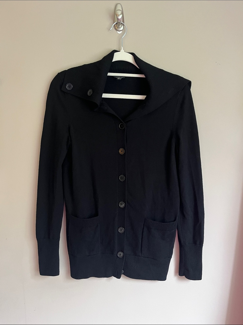 Talbots asymmetrical button Johnny collar merino wool cardigan sweater medium